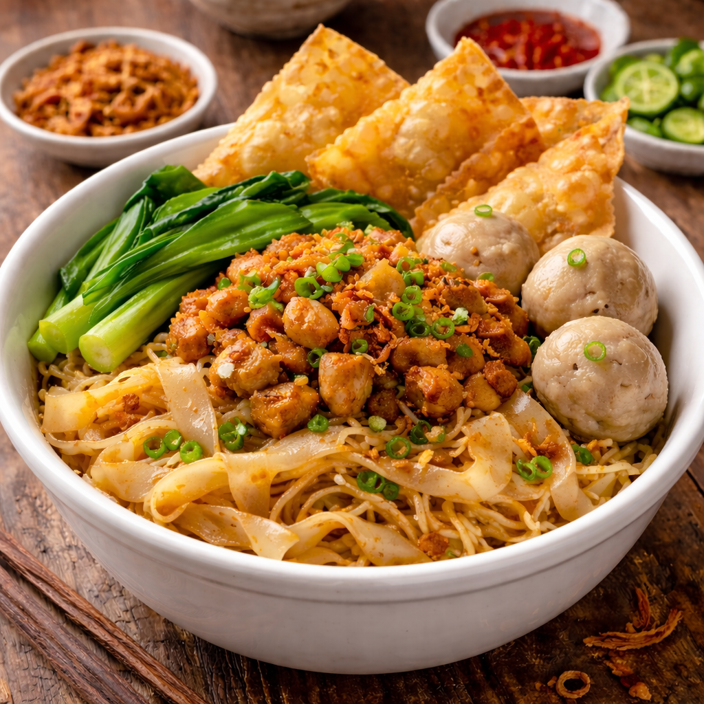 Kwetiaw Ayam Bakso dan Pangsit kombinasi lengkap dengan topping melimpah